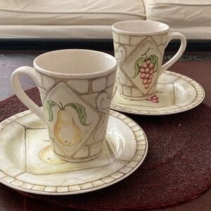 American Atelier Cream Fruit Motif Ceramic Mugs with Saucers - Pear & Grape